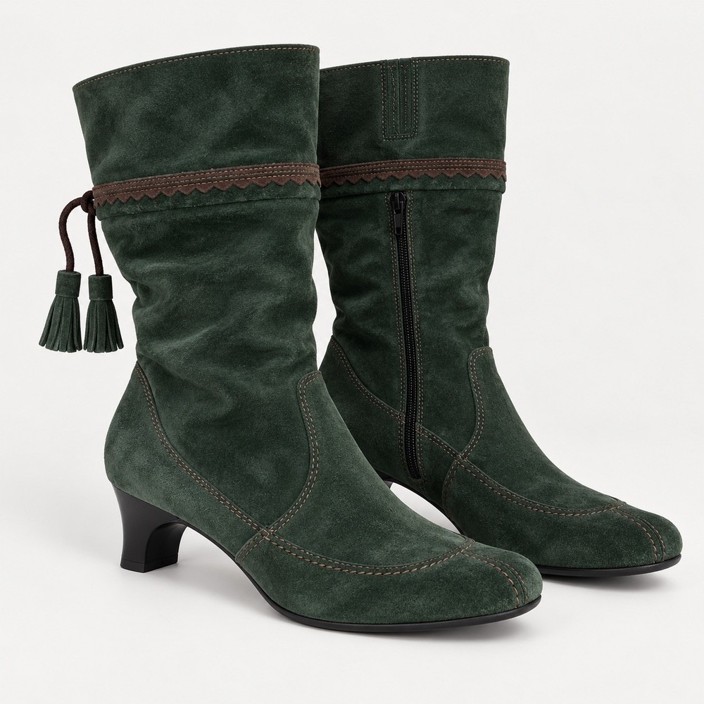 Think! Green Suede Comfort Boots With Tassels Side Zip Sz 37 Italy US Sz 5.5-6